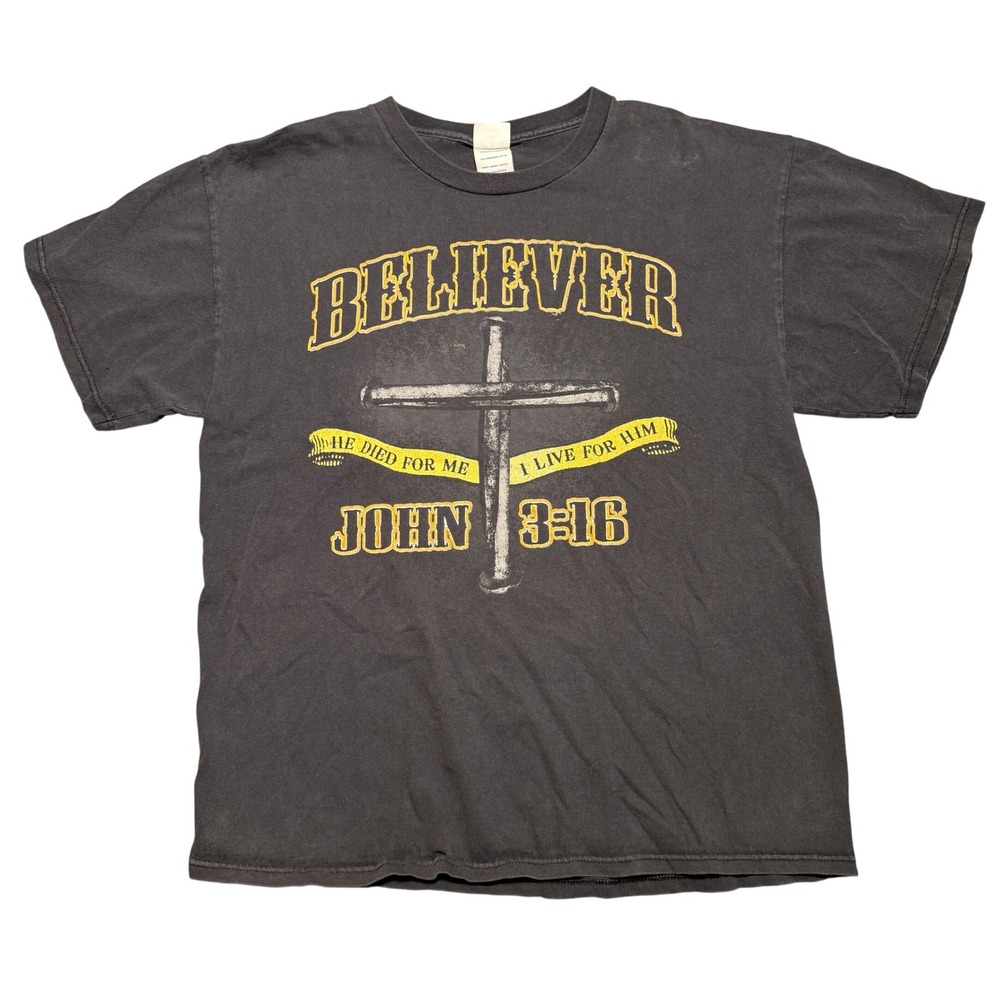 Vintage Jesus Believer John 3:16 Christian Graphic Tee Faded Black Large